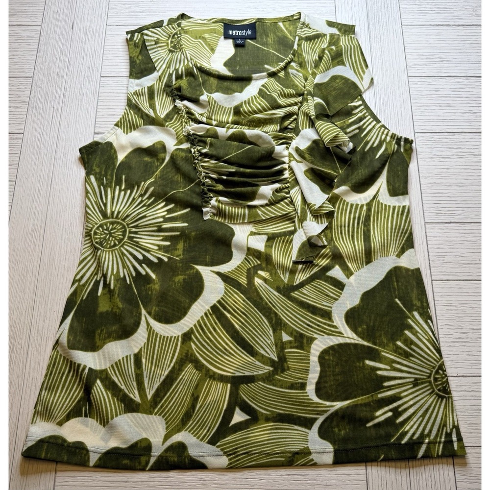 Metrostyle Women's Green Cream Tropical Floral‎ Tank Top Blouse Ruffle Sz L Poly